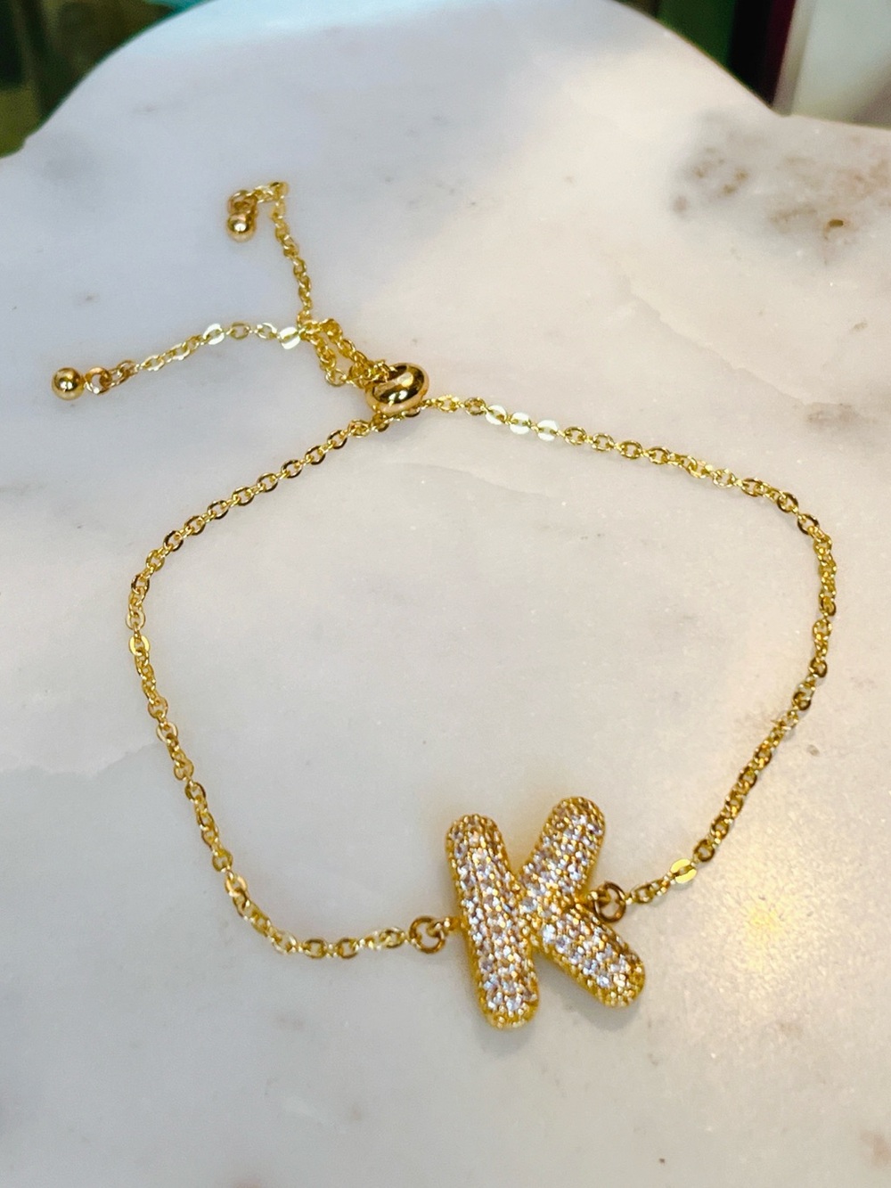 18k yellow gold CZ Pave K letter bolo adjustable bracelet stainless plated - Picture 3 of 4